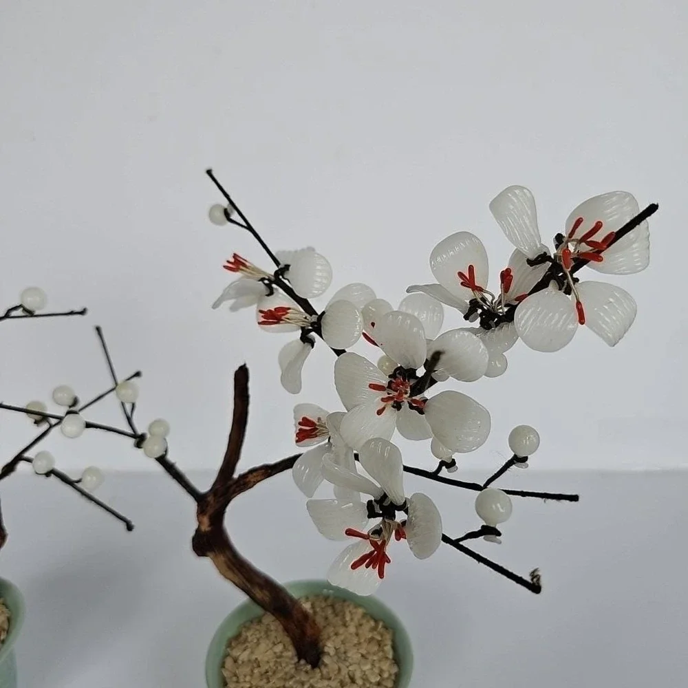 Vintage Chinese Glass Bonsai Tree Pair White Plum Blossom Celadon‎ Pot Decor